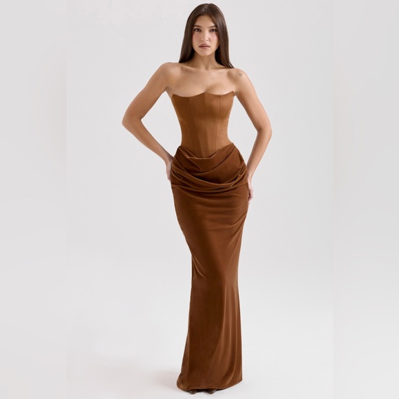 House of CB PERSEPHONE Toffee Velvet Strapless Corset Maxi Dress - Picture 1 of 8
